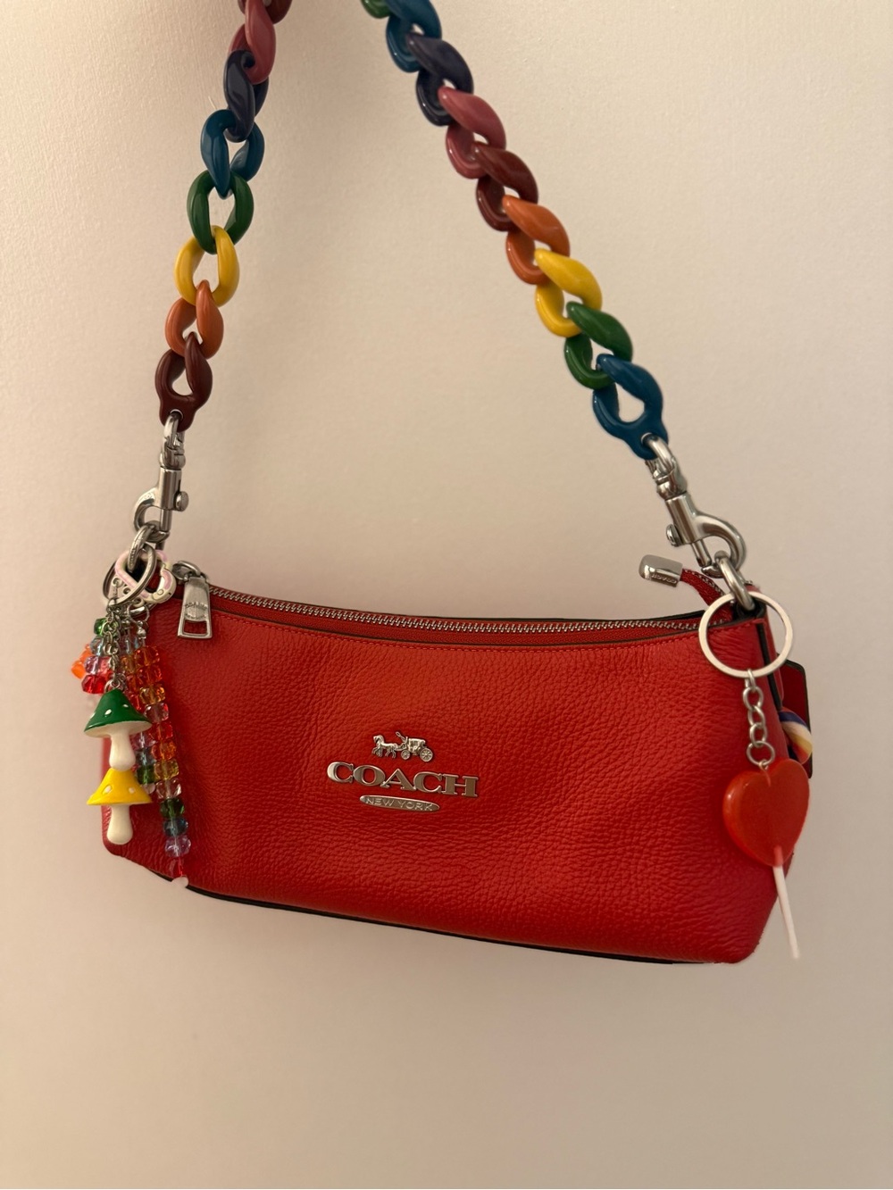 COACH custom Red charlotte leather Shoulder Bag with rainbow Chain Strap
